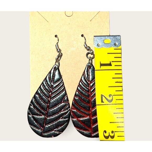 Bundle Sale 3 for $15 | Genuine Brown Leather Leaf Earrings - Picture 6 of 7